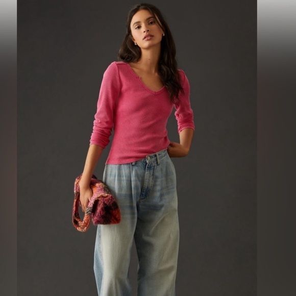 Anthropologie Pilcro Notched Waffle Thermal Long Sleeve Top Spring Vacation - Picture 2 of 6